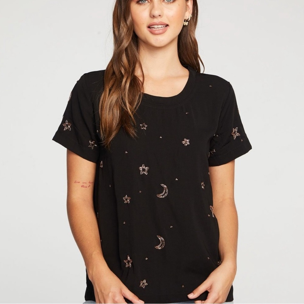 Chaser stars and moon beaded embroidered black tee small like new